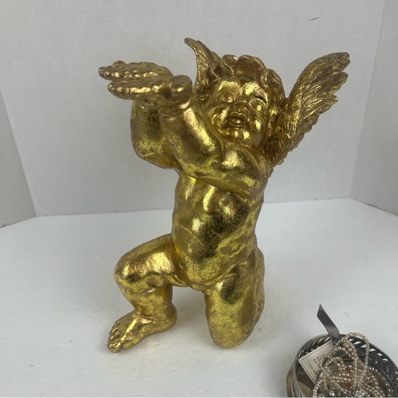 Shabby Chic Vignette decor-golden Cherub Angel w/ silver tray & vintage pearls. - Picture 10 of 16